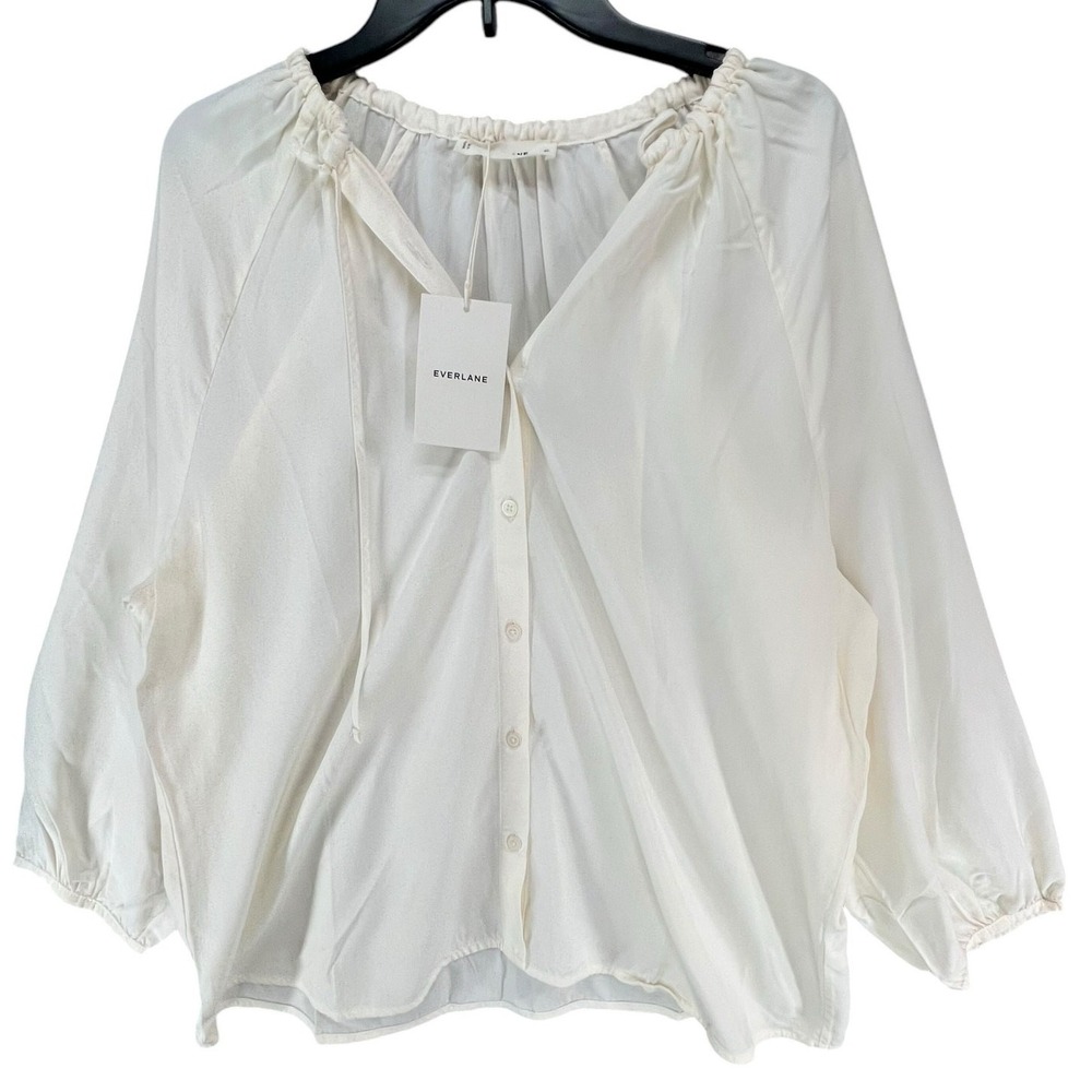 Everlane Gathered Blouse Bone White 100% Tencel Relaxed Minimalist Top Womens XL - Picture 2 of 14